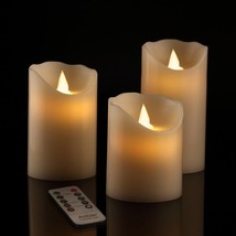 Set of 3 Flameless Moving Wick LED Pillar Candles Dimming Light w/ Timer Remote - £14.08 GBP
