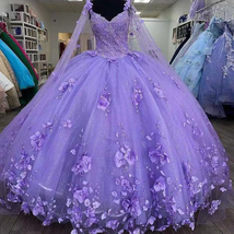 Lavender Flowers Tulle Sweetheart Ball Gown Quinceanera Dresses With Cape - £305.89 GBP