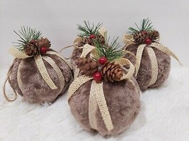 Woodland Christmas Furry Burlap Ball Holly Berries Ornaments Set of 4 - $25.99