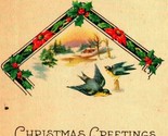 Christmas Greetings Poem Sparrows Holly Winter Scene Textured Postcard - $3.91