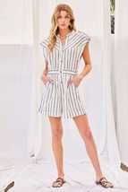 Off White Notched Neck Button Elastic Band Waist Stripe Pockets Romper - £19.66 GBP