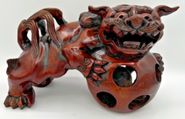 Vintage Lg Hand Carved Chinese Wood Foo Dog with Floating Ball Mouth Orb... - $329.99