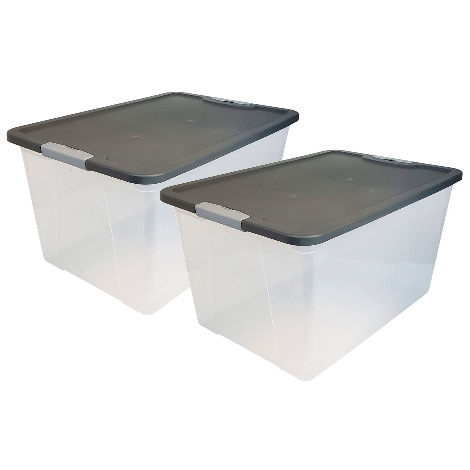 64Qt Stackable Plastic Storage Bin Container Box W/Latch Lid, Gray (2 Pack)