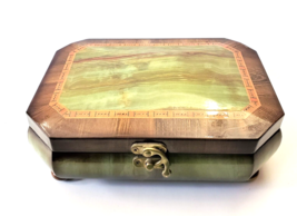 Vintage Brown Teal Lacquered Inlay Musical Jewelry Box Swiss 9&quot;x6.5&quot; - £31.69 GBP