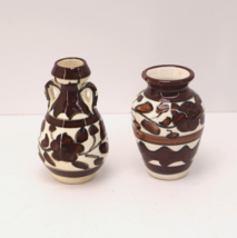 Vintage Armenian Jerusalem Mini Ceramic Pottery Vase Pair Biblical Flowers - $56.99