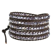Mystique Purple Crystal 5-Wrap Brown Leather Bracelet - £22.21 GBP