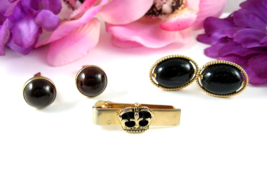 2 Pairs SWANK Cufflinks Vintage &amp; CROWN Tie Clasp RED Glass BLACK Goldtone - £18.13 GBP