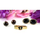 2 Pairs SWANK Cufflinks Vintage &amp; CROWN Tie Clasp RED Glass BLACK Goldtone - €19,52 EUR