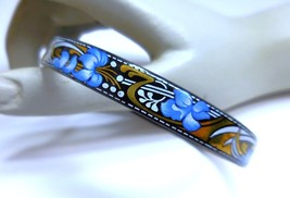 Vintage Arta Austria Gold &amp; Blue Flowers Black Enameled Bangle Bracelet - $23.70