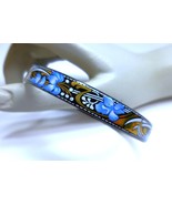 Vintage Arta Austria Gold &amp; Blue Flowers Black Enameled Bangle Bracelet - £18.88 GBP