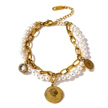 Yup Fashion Imitation Pearls Portrait Layered Bracelet Charm Stainless Steel Cha - £9.70 GBP