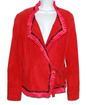 Anne Klein Women&#39;s Red Black Trim Suede Ruffle Blazer Jackets Size EU 16  - $36.96