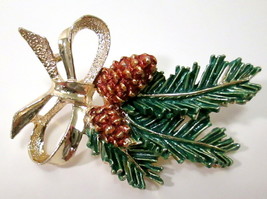 Vintage Christmas 18K Gold Plated Enamel Pine Cone Brooch Pin Signed Gerry&#39;s - £14.05 GBP