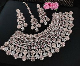 Indian Bollywood Style Rose Gold Plated Necklace Earrings Tikka CZ Jewelry Set - £303.69 GBP