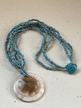 Triple Strand Tiny Turquoise Bead w Large White Polished Seashell or Bone Pendan - £11.90 GBP