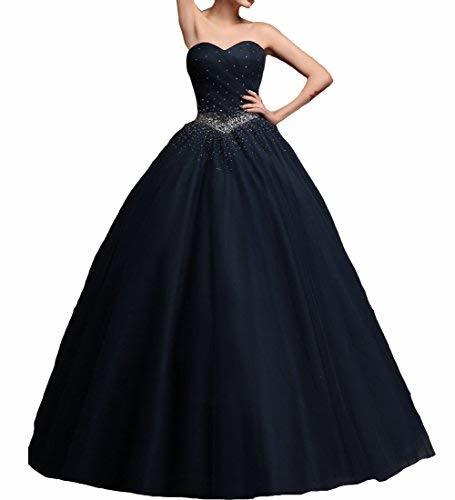 Kivary Plus Size Beaded Tulle Long Ball Gown Prom Quinceanera Dresses Dark Navy