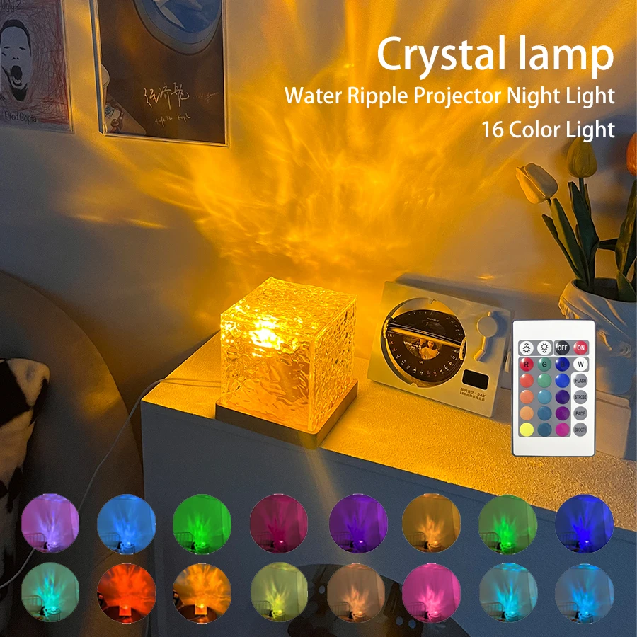 Dynamic Rotating Water Ripple Projector Night Light 3/16 Colors Flame Crystal - £8.66 GBP+