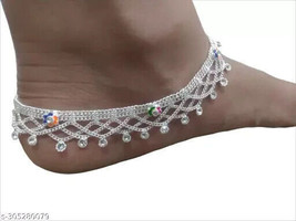Indian Kundan Jewelry Set Silver Plated Payal Pajib Payjeb Anklet Jewellery - £13.12 GBP