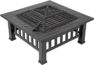 Outdoor Fire Pit Table, 32 Inch Multifunction Metal Square Fire Pit In B... - $193.99