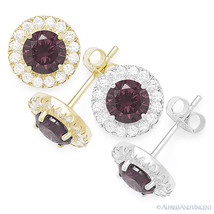 Round Simulated Alexandrite Cubic Zirconia CZ Halo Sterling Silver Stud Earrings - £21.01 GBP+
