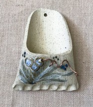 Earthy Boho Art Pottery Wall Pocket Vase w Glazed Flower And Coiled Metal Piece - £15.56 GBP