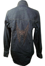 Harley Davidson Denim Shirt Womens S Embroidered Studded Snap Top Blue Vintage - £24.02 GBP