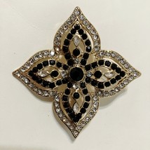 Star Pin Brooch Black Clear Crystal Rhinestones Gold Tone Metal Flower Vintage - £20.04 GBP