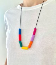 Handmade Rainbow Tube Necklace - Stunning Polymer Clay Rainbow Bib Necklace, LGB - £19.30 GBP