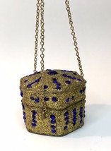 Old World Style Gold Tone Blue Rhinestone Trinket Box Hangable Ornament Hexagon - £15.45 GBP