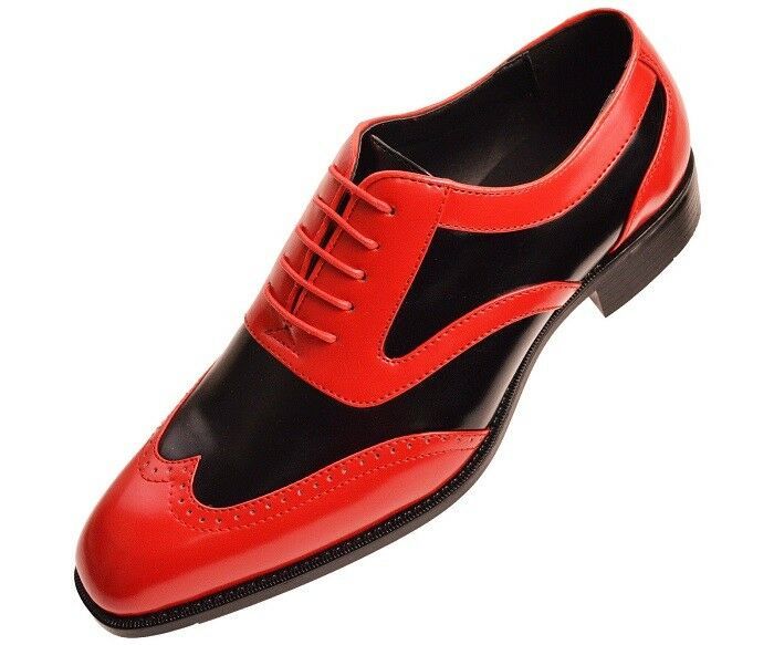 Men Two Tone Red Black Contrast Derby Wing Tip Magnificent Leather Shoes US 7-16