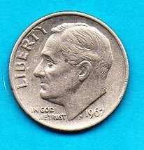 1967 Roosevelt Dime - Circulated Minimum Wear - About XF - £0.07 GBP