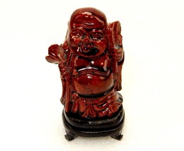 Smiling Buddha Holding Flower &amp; Leaf, 3&quot; Cherry Resin Pedestal Figurine - $14.65