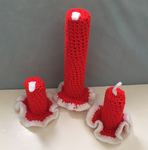 Handmade red white flameless hand crocheted Christmas candle set kitschy - $19.75