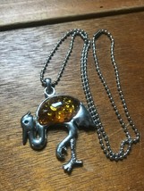 Estate Long Silvertone Bead Chain with Large Amber Plastic Cab Heron Pendant Nec - £8.30 GBP