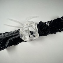 Wedding Garter Prom Bridal Black Lillian Rose Lace Black &amp; White Roses Feathers - £8.86 GBP