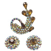 Vintage Quartz &amp; AB Rhinestones Brooch &amp; Clip On Earrings - $56.50