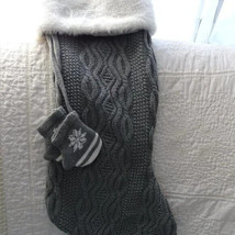 Knitted Grey Christmas Stocking With Tiny Mitts And Fur Top - $11.83