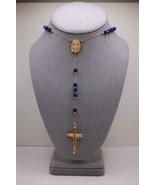 NIB FaithHeart Stainless Steel Blue Beaded Gold Chain 32&quot; Rosary Necklace - £24.64 GBP