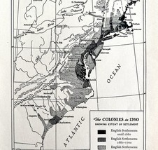 Map 1930 U.S. Colonies In 1760 5.5 x 9&quot; Settlement History Ephemera DWEE2 - $367.61 MXN