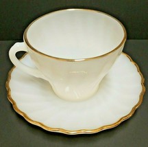 Vintage Fire King Milk Glass Gold Trim Coffee Cup &amp; Saucer Made In The USA - £14.88 GBP