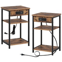 End Table With Charging Station, Set Of 2 Nightstand With 3 Storage Shelf, Narro - £93.18 GBP