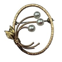 Vintage Krementz Gold Tone Faux Pearl Circle Brooch Pin Round  - $18.69