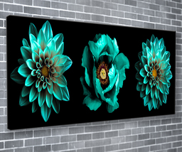Turquoise Trio Canvas Print Floral Wall Art 55x24 Inch Ready To Hang - £71.61 GBP