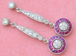 Estate Art Deco .62ctw Diamond Ruby Halo Drop Dangle Platinum Cocktail Earrings - £2,056.75 GBP