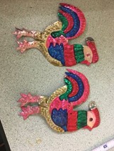 2 Vintage Painted Metal Chickens Roosters Multi-colored wall art Figurines  - $24.99