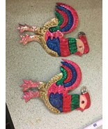 2 Vintage Painted Metal Chickens Roosters Multi-colored wall art Figurines  - $24.99