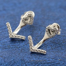 S925 Sterling Silver Sparkling Wishbone Heart Stud Earrings With Clear CZ   - £14.62 GBP