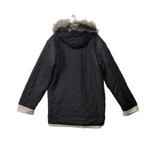 Coat Womens Size L Black Preppy Cream Faux Fur Hooded Quilted Classic Button Up - £9.86 GBP