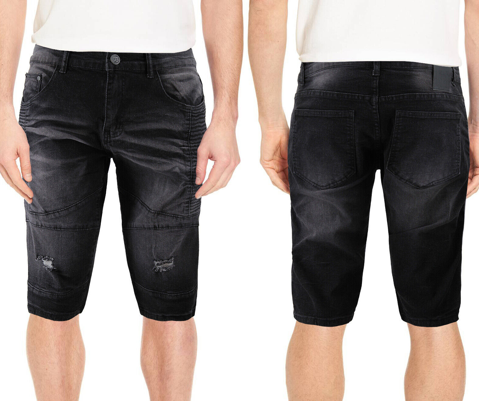 Primary image for Men's Moto Quilt Distressed Jean Faded Wash Black Denim Shorts Slim Fit
