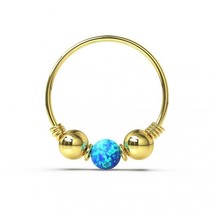 8mm Blue Opal Bead 9K Solid Gold 2 Plain Ball Spring Coil End Nose Hoop Ring 22G - £80.37 GBP+